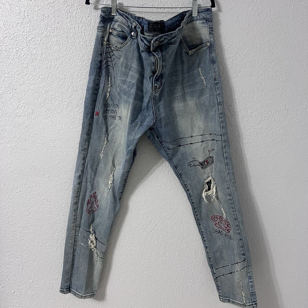 THRT Jeans Men's Blue Size 44 (44x30) Paint Splatter Distressed Y2K Grunge